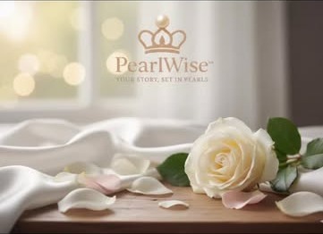 The PearlWise mark, on white silk beside a cream rose